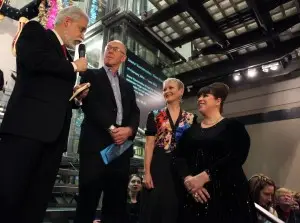 Image of Richard Lease, Leader of the Council, Maria Balshaw, Director of Manchester City Galleries and Whitworth Art Gallery and Joana Vasconcelos, listening to the Portuguese Ambassador, João Vallera's opening speech.